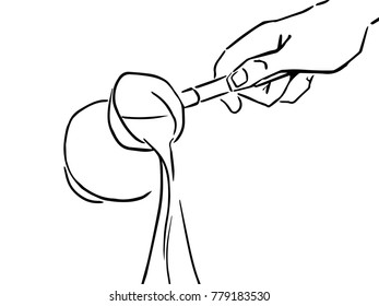 Drawn hand pouring coffee from turkish coffee pot. Black and white vector sketch. Simple drawing isolated at white.