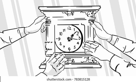 Drawn Hands Hanging Wall Clock. Black And White Vector Sketch.  Simple Drawing.