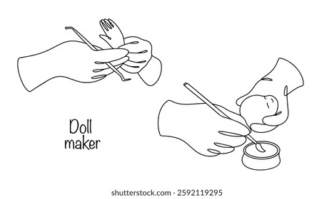 Drawn hands of a puppet master in the process of work. The master sculpts the hands of the future doll and forms the head of the correct proportions. Handmade to create beautiful toys. Vector.