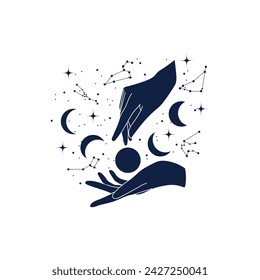 Drawn hands, Sun, Moon and constellations on white background. A