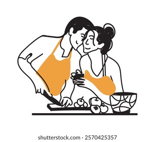 and drawn Happy family member cooking together at home kitchen.Doodle sketch style illustration. Concept of romantic couple, family prepare lifestyle cooking.