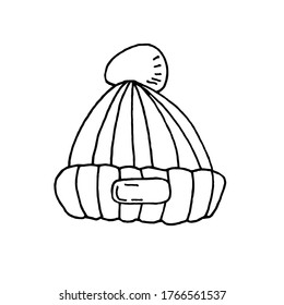 Drawn hat with pompom. Black and white vector image. Idea for website, logo, icon, print. Isolated on a white background.