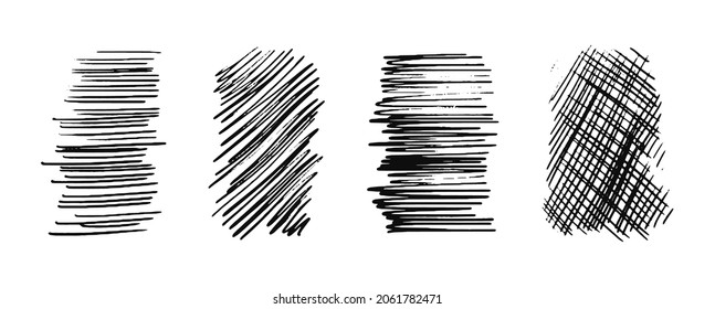 Drawn hatching lines. A set of hand drawn hatched strikethrough doodles. Diagonal, vertical, or parallel strokes in elongated shapes. Vector stock illustration isolated on white.