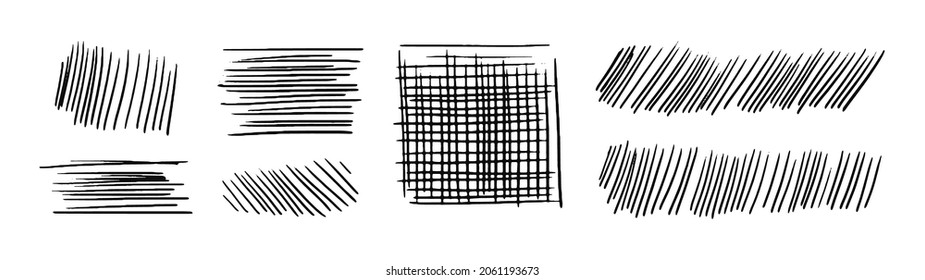 Drawn hatching lines and a square. Diagonal, vertical, or parallel strokes. A set of hand drawn hatched strikethrough doodles. Vector stock illustration isolated on white.