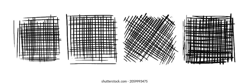 Drawn hatching squares. A set of hand drawn hatched strikethrough doodles. Diagonal, vertical, or parallel square strokes. Vector stock illustration isolated on white.