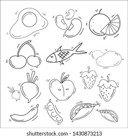 Drawn Healthy Meal Theme Doodle Collection In White Isolated Background - Vector