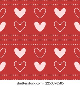 Corazón dibujado lindo patrón sin costura, diseño de amor sobre fondo rojo, textura del día de San Valentín