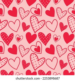 Drawn Heart cute Seamless pattern, love design on red background, Valentine's day Texture