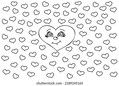 drawn with a heart face surrounded by small hearts intended for the holiday of love, Valentine, March 8, cards, prints and other occasions.