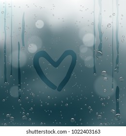 Drawn heart with a finger on rainy water drops flow down dark bokeh background. Romance love bubble droplets backdrop. Sadness romantic rain bubbles template on a glass window surface