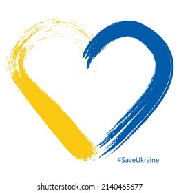 Вrush drawn heart with national Ukrainian flag colours; Blue-yellow painted hear with white background