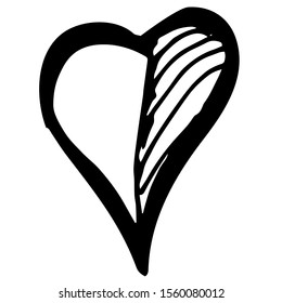 Drawn heart, on a white isolated background. Black lines. Handdrawn rude heart marker. Vector illustration for valentines and wedding design