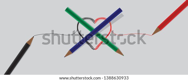 Drawn\
heart with pencils. Black red. Tangled grungy round scribble hand\
drawn with thin line, divider shape. Isolated on white background.\
V  Crossed pencils. One pencil is on the\
other.