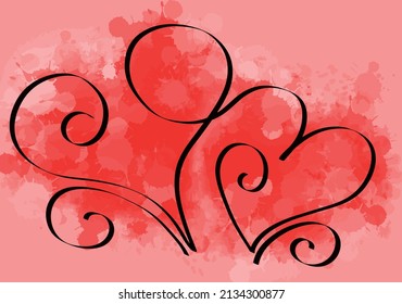 Drawn hearts abstraction on a red background, two hearts in love	