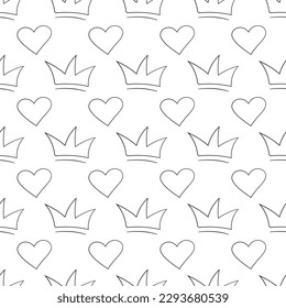 Drawn Hearts and Crowns. Seamless contour pattern. Little prince or princess. Love and power. Self love, vanity. Children drawing. Wrapping. Vector illustration.