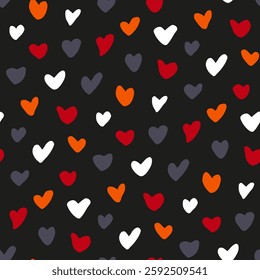 Drawn hearts for a seamless fabric pattern. Dark contrast abstract print for outerwear: demi season jackets, quilted coats, winter boots, puffer jackets, kids overall. Abstract background with hearts.