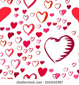 Drawn hearts seamless pattern with red and pink heart symbols for Valentines Day