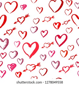 Drawn hearts seamless pattern with red and pink heart symbols for Valentines Day
