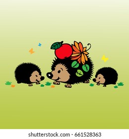 drawn hedgehogs leaves fruit