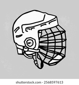 Drawn hockey helmet for skating on ice in doodle style. Hand drawn hockey equipment. Clipart. Isolated vector element on gray background.