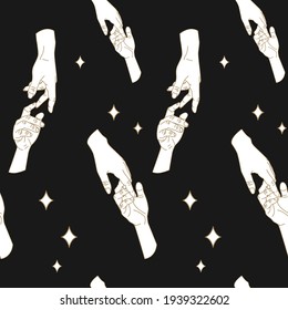 Drawn holding hands. Vector seamless pattern on a grey background.