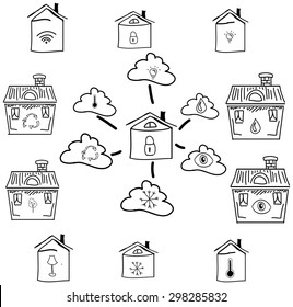 Drawn house with clouds on isolated white background. Vector illustration
