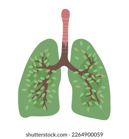 Drawn human lungs with green tree branches on white background