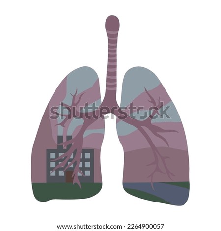 Drawn human lungs and working factory on white background. Ecolo