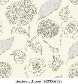 Drawn hydrangea, roses and leaves seamless pattern. Monochrome image of flowers vector illustration. Imitation of pencil drawing. EPS10