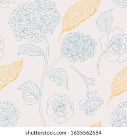 Drawn hydrangea, roses and leaves seamless pattern. Monochrome image of flowers vector illustration. Imitation of pencil drawing. EPS10