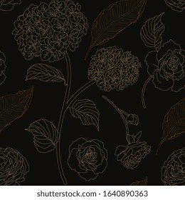 Drawn hydrangea, roses and leaves seamless pattern. Monochrome image of flowers vector illustration. Imitation of pencil drawing. EPS10
