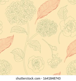 Drawn hydrangea, roses and leaves seamless pattern. Monochrome image of flowers vector illustration. Imitation of pencil drawing. EPS10