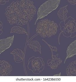 Hortensias dibujadas, rosas y hojas sin patrón. Imagen monocromática de Ilustración vectorial de flores. Imitación del dibujo a lápiz. EPS10