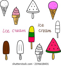 Drawn ice cream. Set of colorful tasty sweets. Summer. Children love. Sweet. Heat. Relaxation. Street food. Ice cream. A simple drawing of food. Icons.