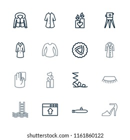 Drawn icon. collection of 16 drawn outline icons such as nest, sandals, overcoat, theodolite, candle heart, window browser upload. editable drawn icons for web and mobile.