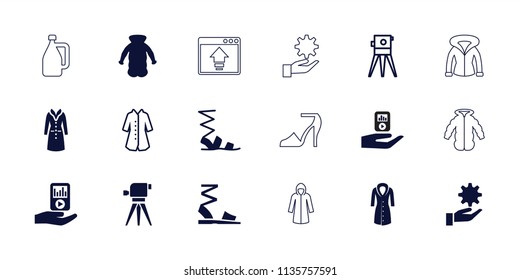 Drawn icon. collection of 18 drawn filled and outline icons such as sandals, overcoat, mp3 player on hand, theodolite, atom in hand. editable drawn icons for web and mobile.