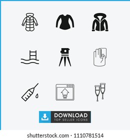 Drawn icon. collection of 9 drawn filled and outline icons such as blouse, theodolite, overcoat, pool ladder, injection rash. editable drawn icons for web and mobile.