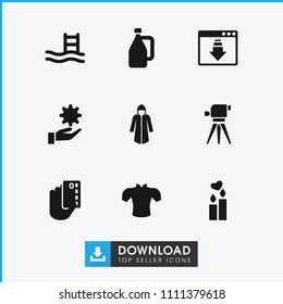 Drawn icon. collection of 9 drawn filled icons such as blouse, pool ladder, credit card in hand, milk can, overcoat, theodolite. editable drawn icons for web and mobile.