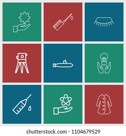 Drawn icon. collection of 9 drawn outline icons such as theodolite, atom in hand, injection rash, submarine, eyelash, overcoat. editable drawn icons for web and mobile.