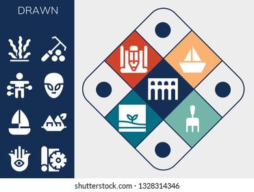 drawn icon set. 13 filled drawn icons.  Simple modern icons about  - Segovia, Hamsa, Sketch, Sailboat, Seaweed, Voodoo doll, Alien, Rake, Terrarium