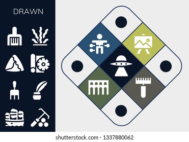 drawn icon set. 13 filled drawn icons.  Collection Of - Aliens, Sailboat, Rake, Inkwell, Samosa, Sketch, Seaweed, Drawing, Voodoo doll, Segovia