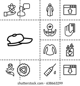 Drawn icon. set of 13 outline drawnicons such as nest, overcoat, blouse, chatting man, candle heart, ribbon on hand, injection rash, atom in hand, window browser upload