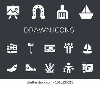 drawn icon set. 14 filled drawn icons.  Simple modern icons such as: Drawing, Horseshoe, Rake, Sailboat, Chili, Sneakers, Seaweed, Nougat, Voodoo doll