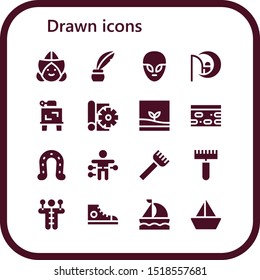 drawn icon set. 16 filled drawn icons.  Collection Of - Dutch, Inkwell, Alien, Dreamworks, Drawing, Sketch, Terrarium, Nougat, Horseshoe, Voodoo doll, Rake, Sneakers, Sailboat icons
