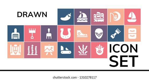 drawn icon set. 19 filled drawn icons.  Collection Of - Chili, Rake, Sketch, Seaweed, Drawing, Penknife, Hamsa, Horseshoe, Sneakers, Alien, Eyelash, Sailboat, Dreamworks