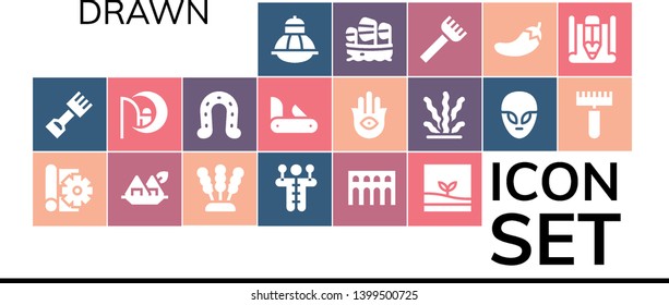 drawn icon set. 19 filled drawn icons.  Simple modern icons about  - Terrarium, Rake, Sketch, Seaweed, Voodoo doll, Segovia, Dreamworks, Horseshoe, Penknife, Hamsa, Alien, Sailboat