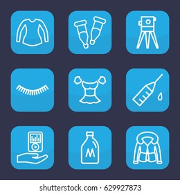 Drawn icon. set of 9 outline drawn icons such as milk can, eyelash, blouse, overcoat, theodolite, pipette, injection rash