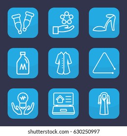 Drawn icon. set of 9 outline drawn icons such as milk can, heel sandals, overcoat, pipette, triangle musical instrument, real estate on laptop, atom in hand