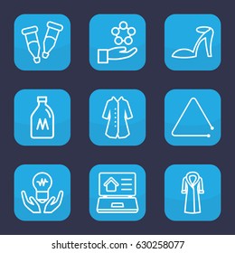 Drawn icon. set of 9 outline drawn icons such as milk can, heel sandals, overcoat, pipette, triangle musical instrument, real estate on laptop, atom in hand