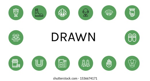 drawn icon set. Collection of Cod, Sneakers, Shell, Hippie, Hamsa, Analgesic, Horseshoe, Mp player, Fins, Alien icons